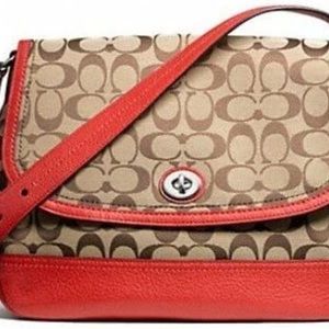 New with Tags PARK SIGNATURE FLAP BAG F23933 Khaki/Vermilion Below $328 Retail